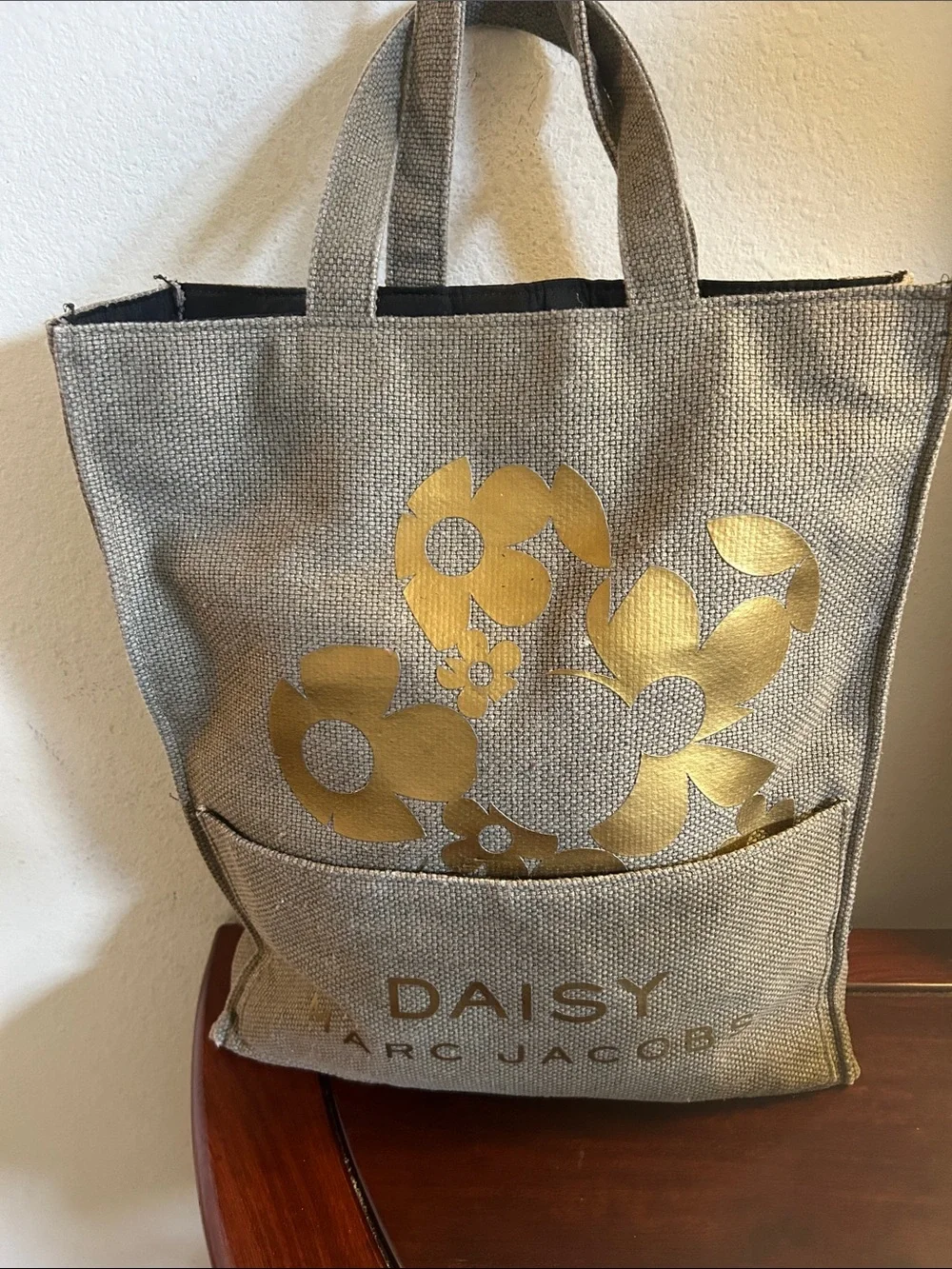 Marc Jacobs Beige Tote with Metallic Gold Daisy Motif